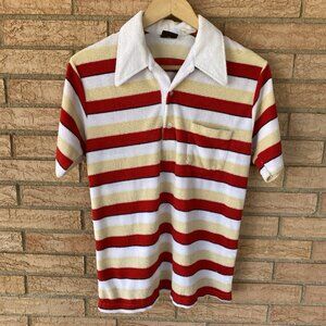 70s Studio One Campus red beige white striped terry cloth polo shirt slim Medium